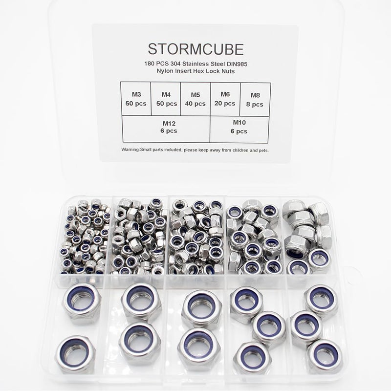 STORMCUBE 180 pcs Nylon Insert Hex Lock Nuts M3 M4 M5 M6 M8 M10 M12 Assortment Kit 304 Stainless Steel DIN985 Self-Locking Nylon Lock Nuts Plain Finish for Industrial Construction Fasteners - Image 1
